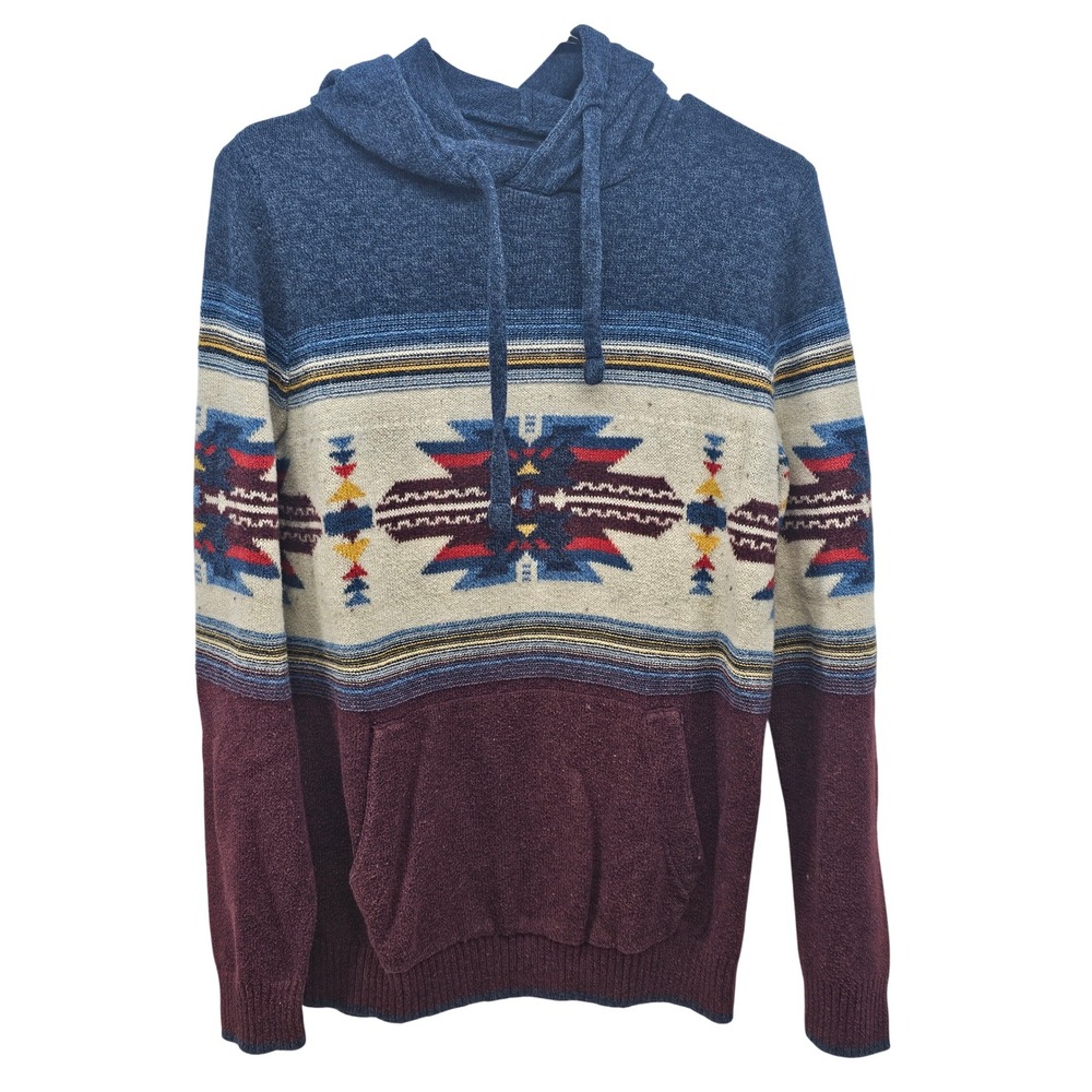 American Eagle Mens Small Southwestern Knit Hoodie Blue Burgundy Aztec Sweater